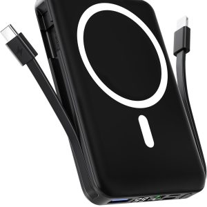 podoru for Magsafe Battery Pack, 10000mAh Magnetic Power Bank Built-in USB C Lighting Cables 22.5W PD Fast Charging LED Display Wireless Portable Charger for iPhone 16/15/14/13/12/ All Series-Black